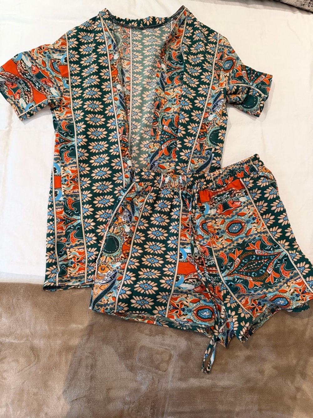 Paisley Print Short Sleeve Romper Set in Teal & Orange